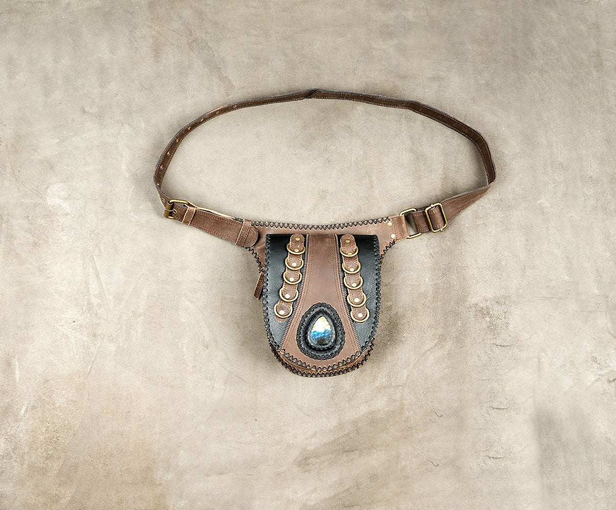 Brown Leather Waist Belt Bag Labradorite Stone Festival Hip Pouch Antique Brass