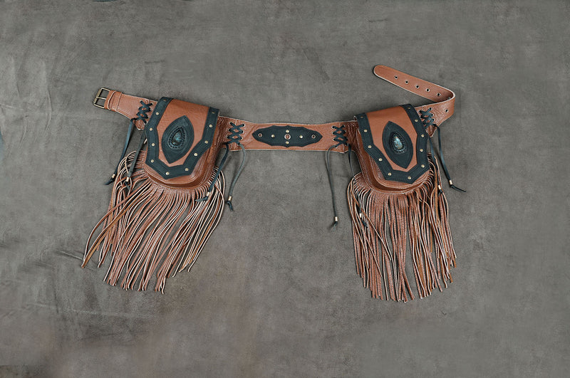 Tan leather fringe hip belt with two pouches and gemstone centerpieces