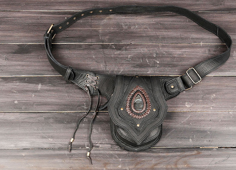 Handmade Black Leather Waist Belt with Pouch