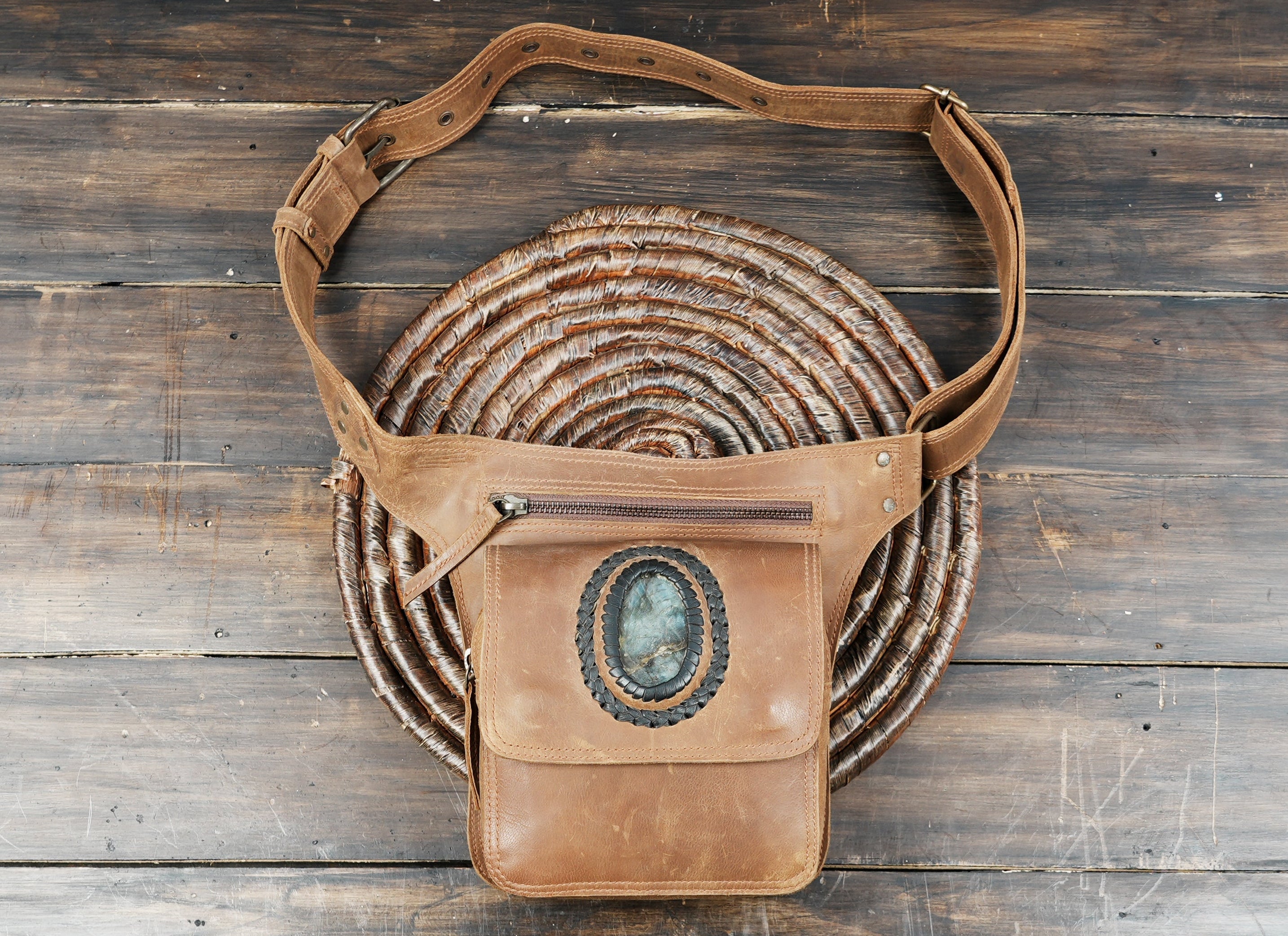 Handmade brown leather waist belt with gemstone