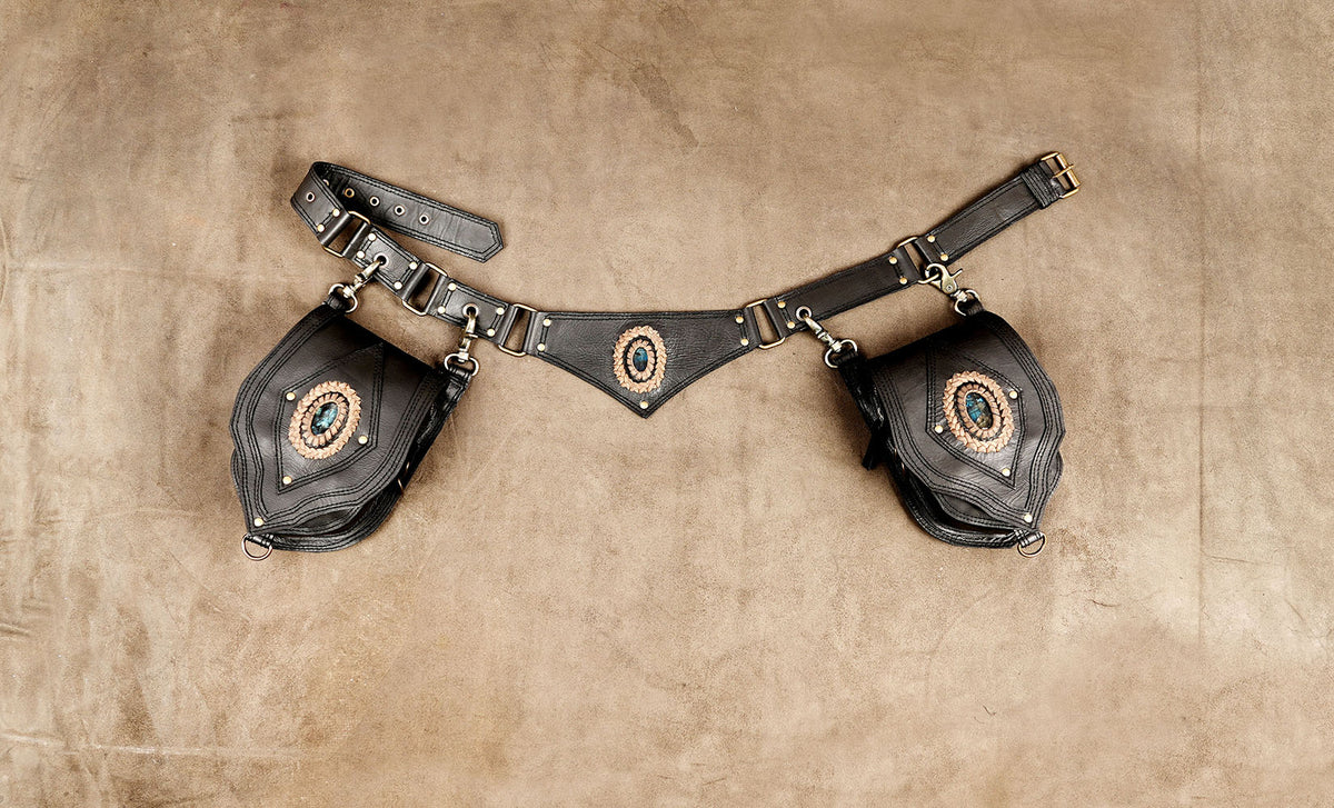 Black leather waist belt bag with dual pockets and Natural Labradorite stones
