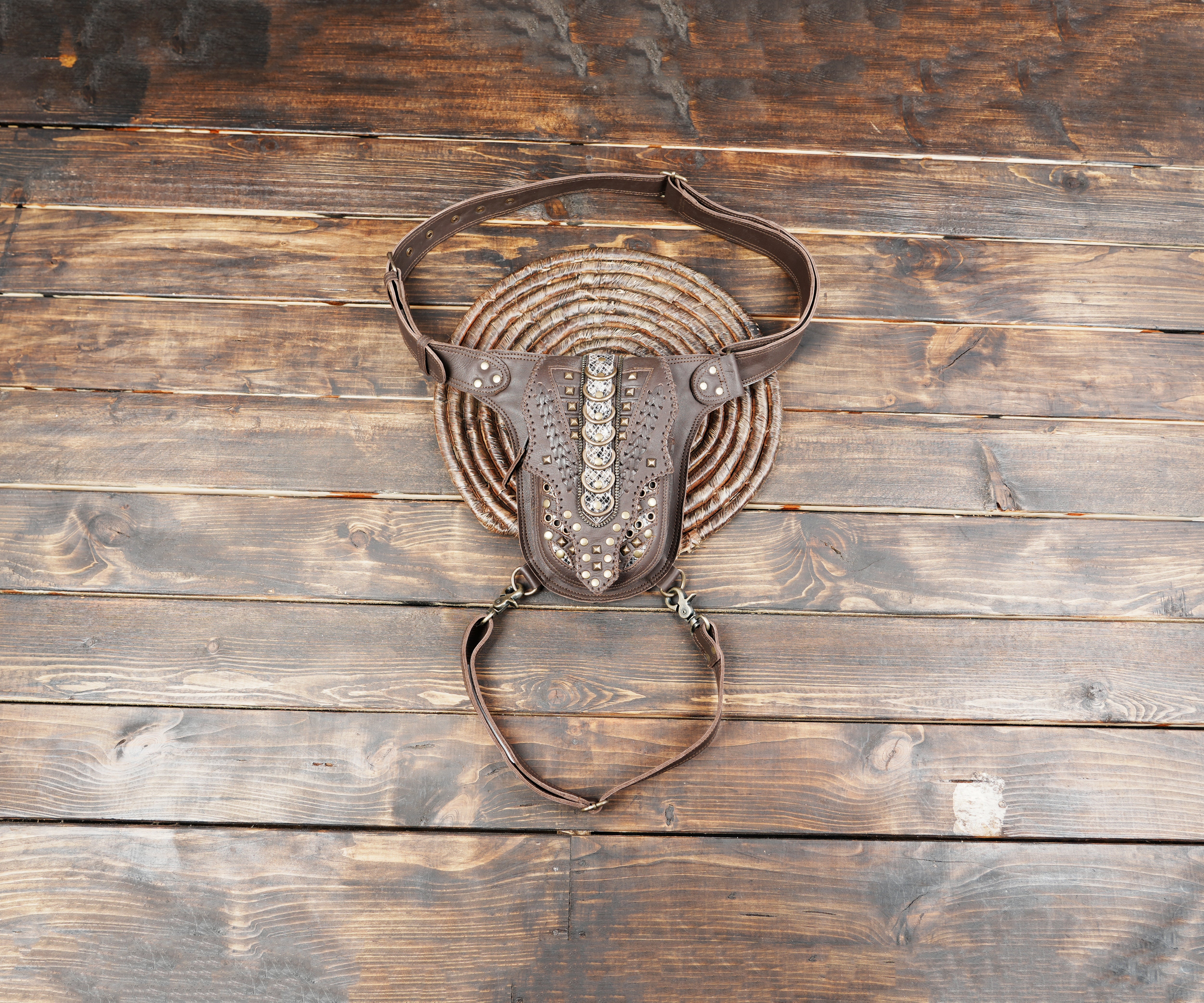 Handmade Black Leather Waist and Thigh Belt Bag with Cowrie Shells and Antique Brass Studs