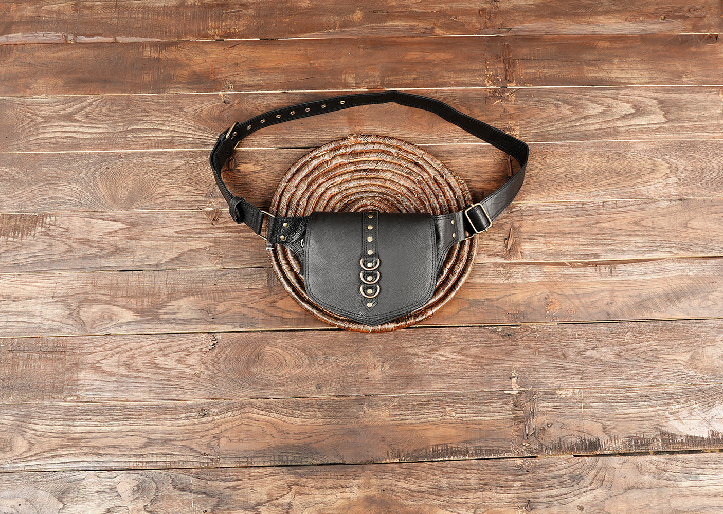 Handmade Black Leather Fanny Pack, Gothic Festival Hip Bag, Multi-Pocket Waist Bag