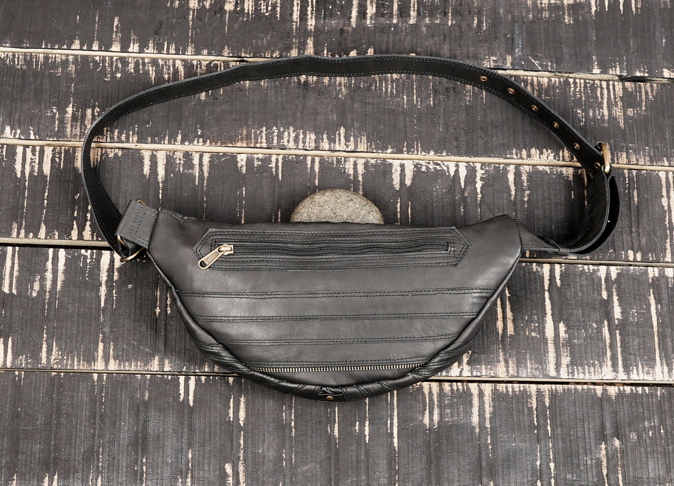 Handmade Black Leather Waist Shoulder Belt with Zipper Pouch || Leather Waist Shoulder Bag with Studded Detailing (LT/AB/SB/6011)