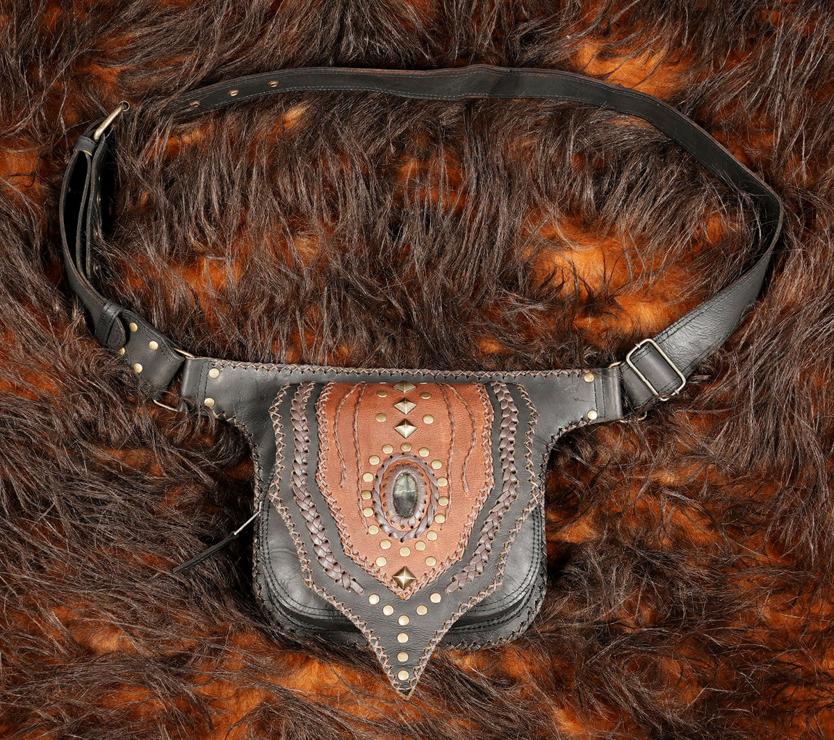 Boho festival waist belt with leather pouch