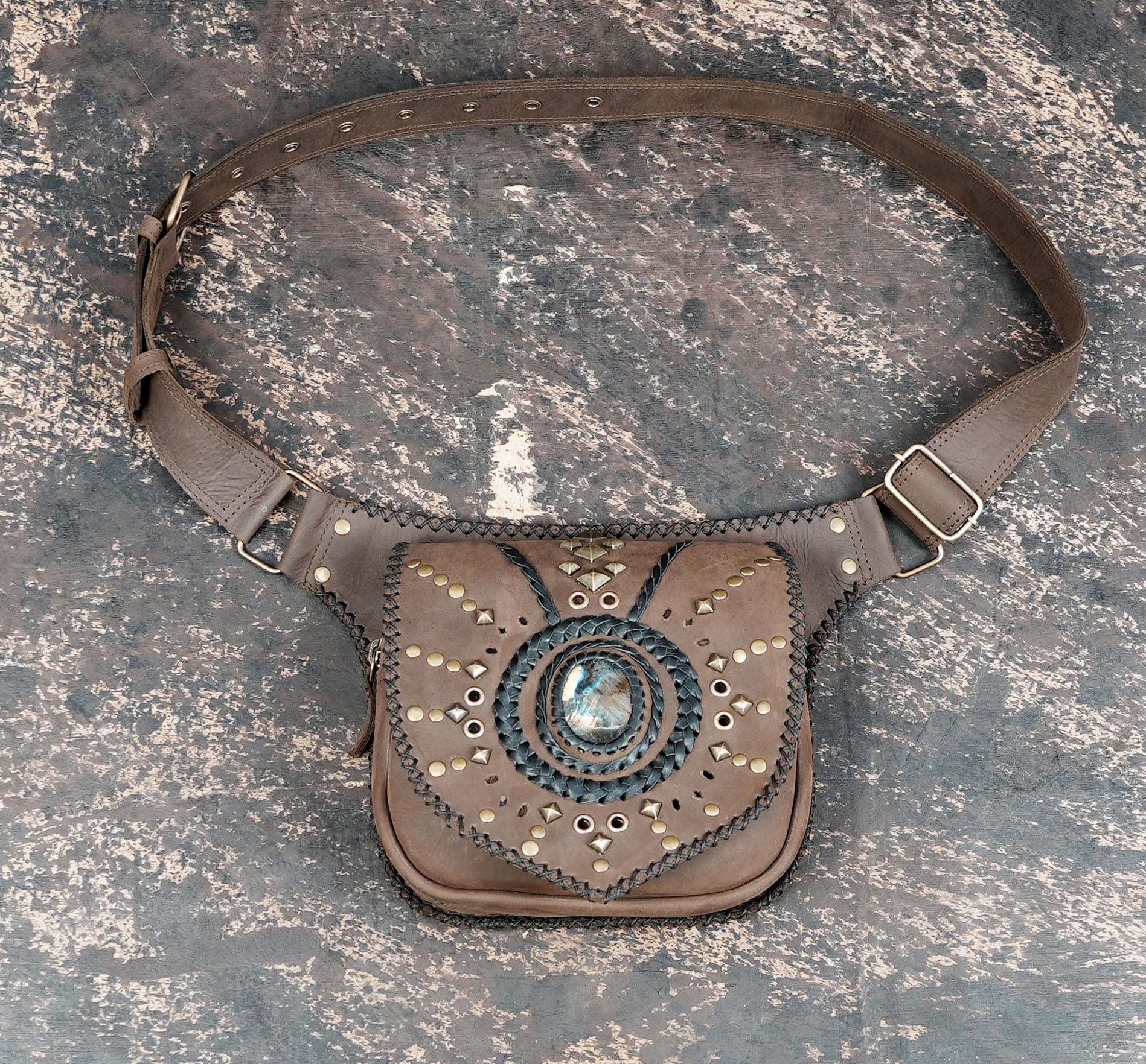 Artisan leather hip bag featuring labradorite and brass studs