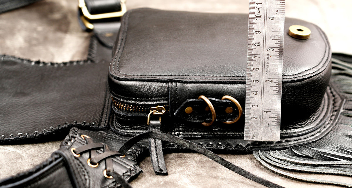 Black leather Renaissance belt with long fringe