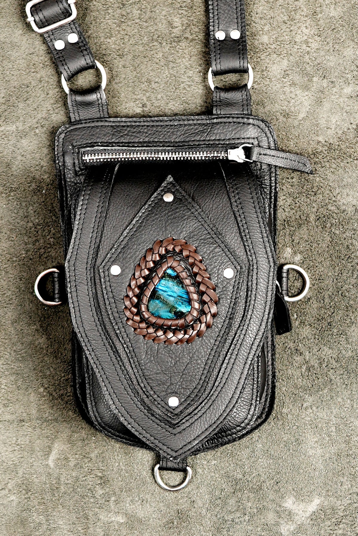Handmade leather shoulder holster bag with labradorite gemstones and silver hardware