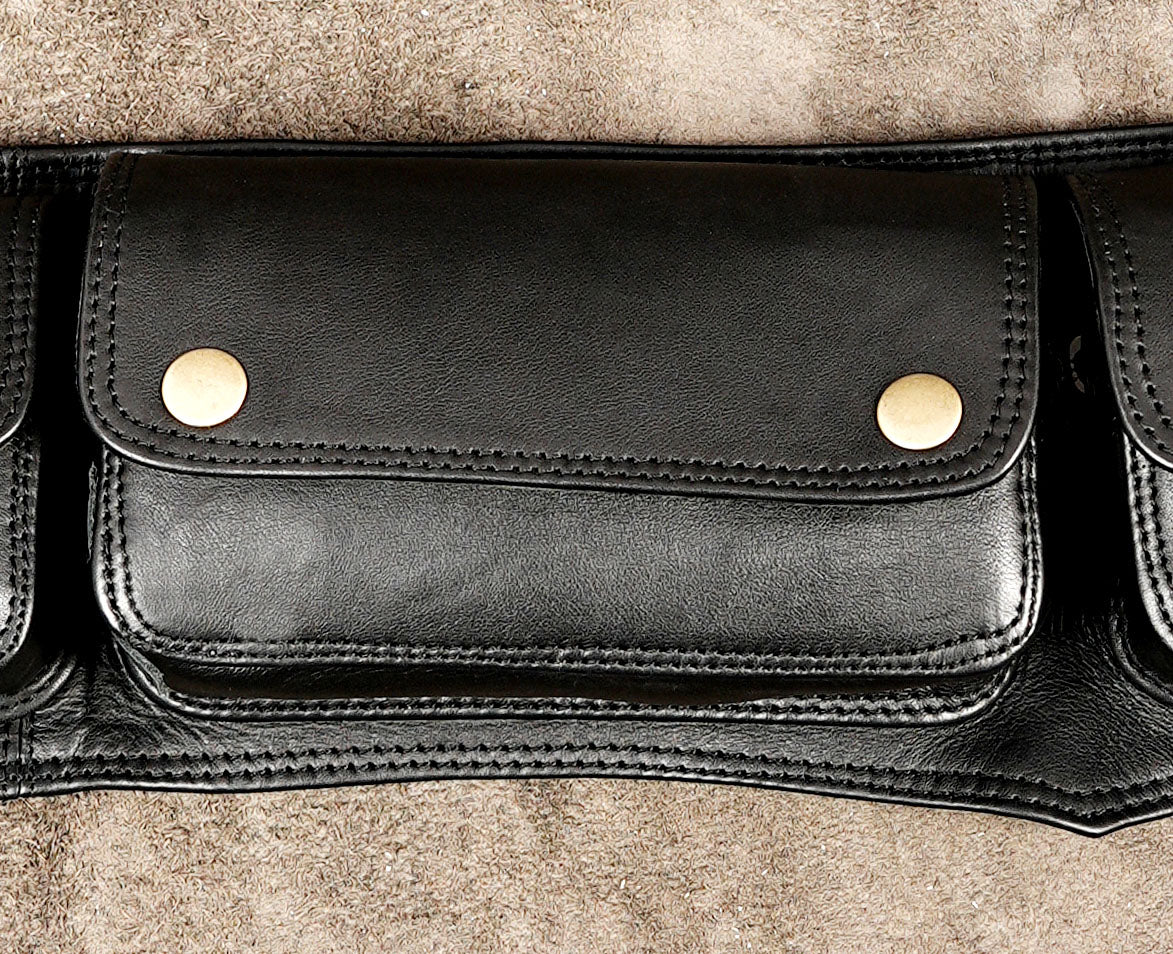 Genuine black leather fanny pack with multi-pocket pouch design