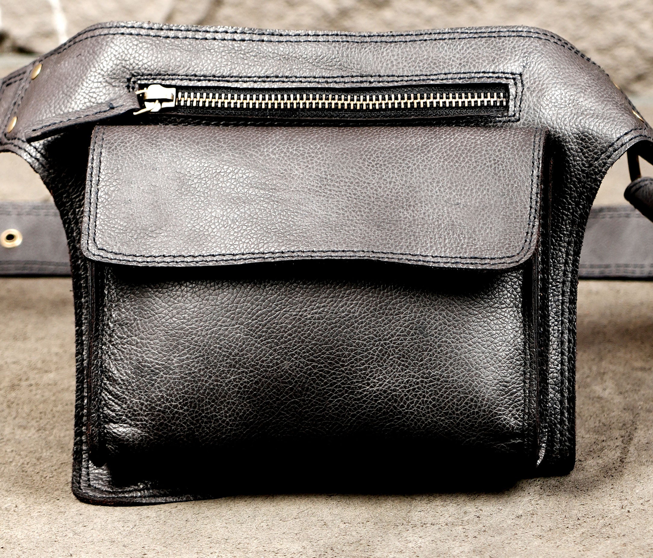 Genuine Leather Waist Pouch with Zipper and Front Pocket