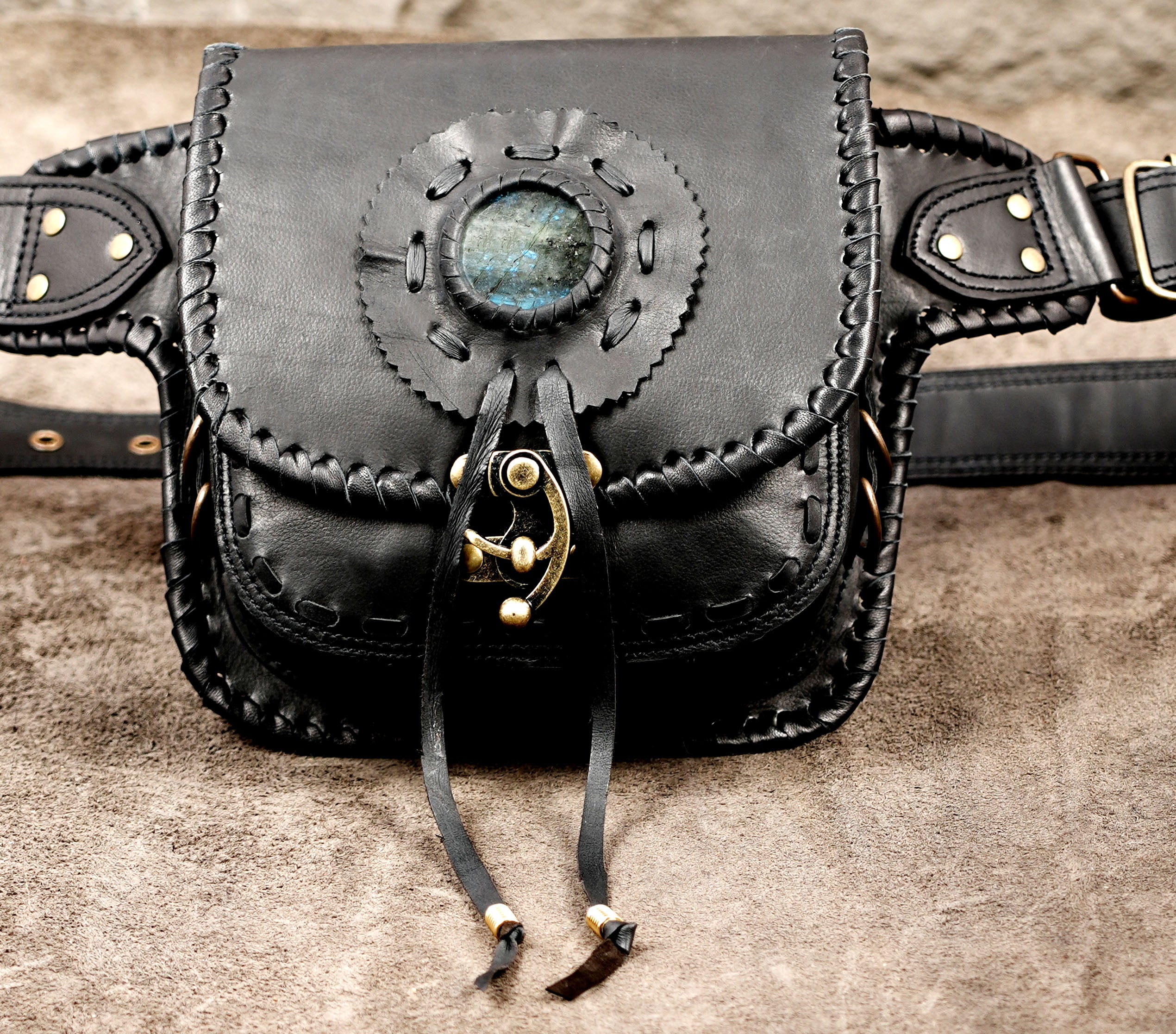 Black leather fanny pack for men and women
