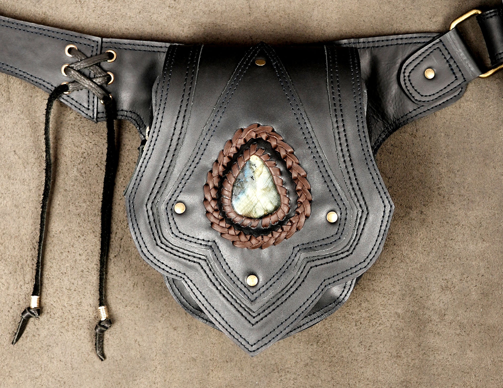 Black leather hip belt with handmade front pouch