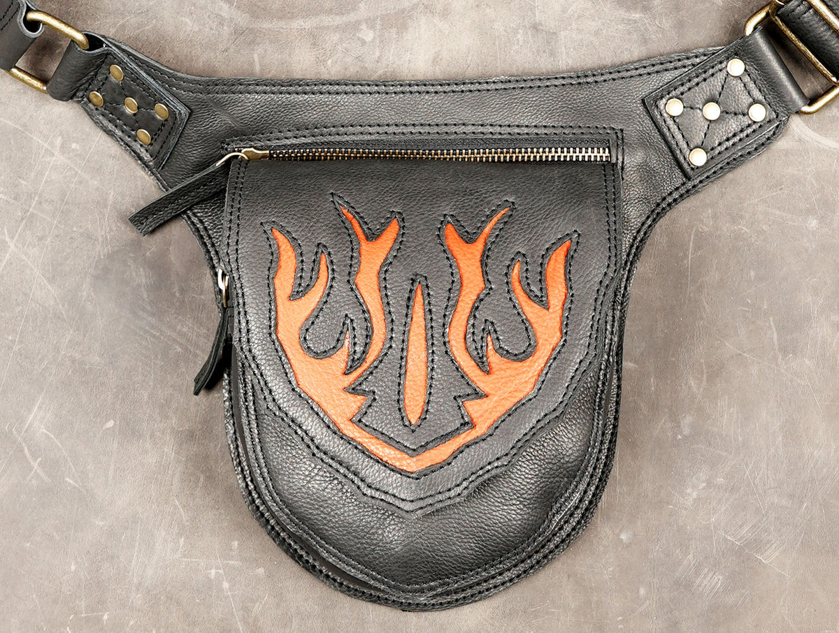 Leather waist bag with decorative orange leather design