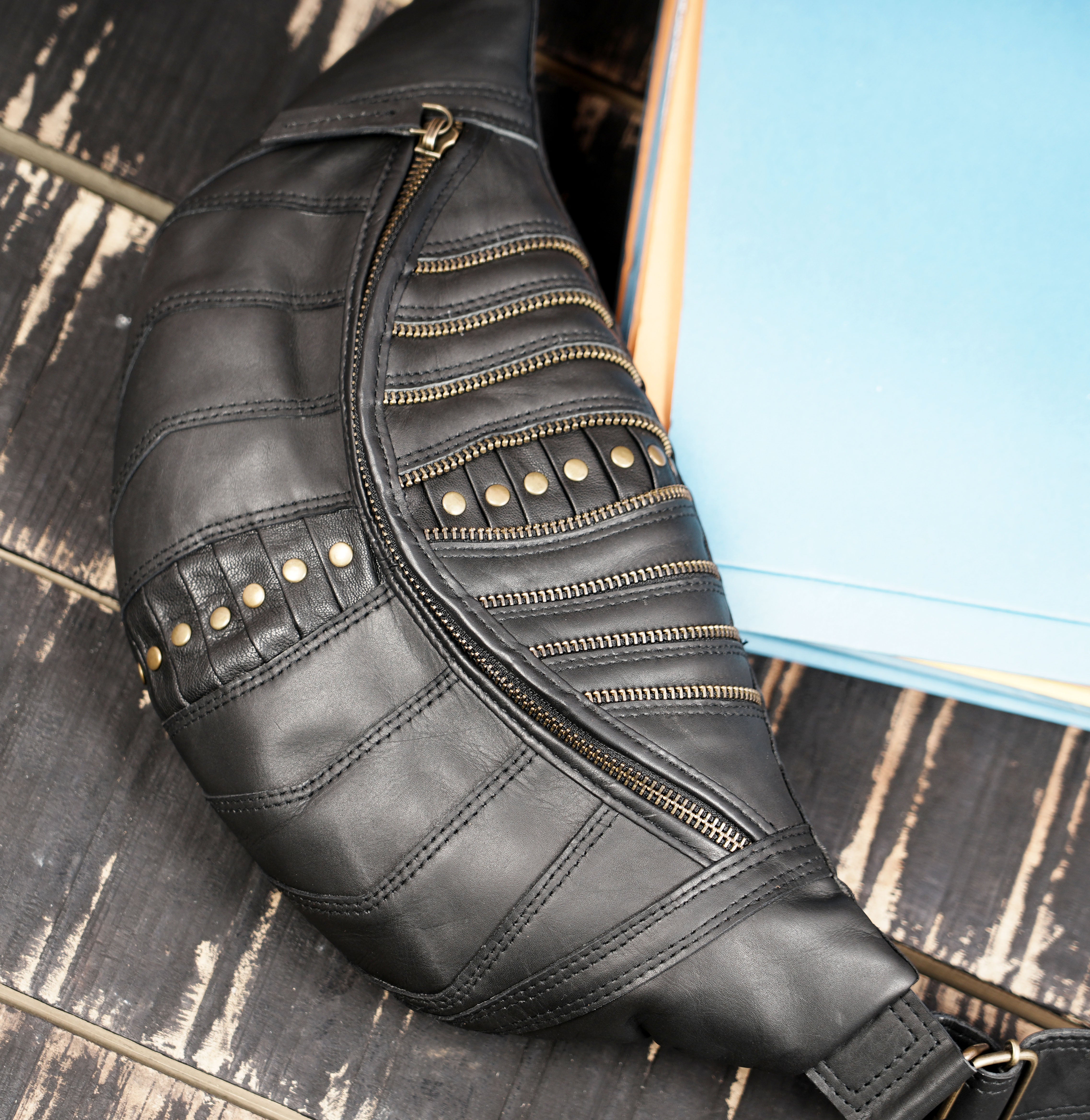 Handmade Black Leather Waist Shoulder Belt with Zipper Pouch || Leather Waist Shoulder Bag with Studded Detailing (LT/AB/SB/6011)