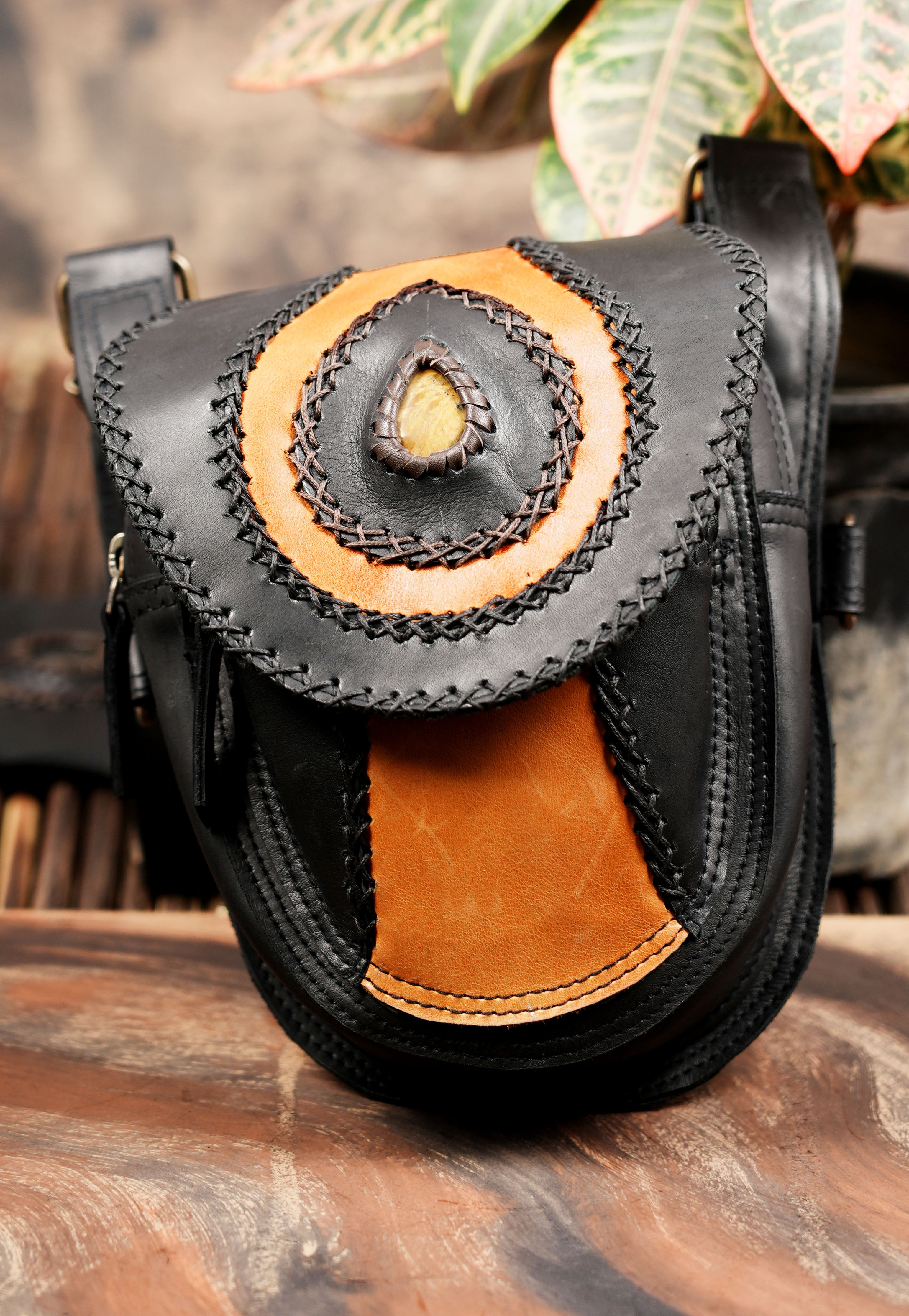 Genuine leather harness bag with two front pouches