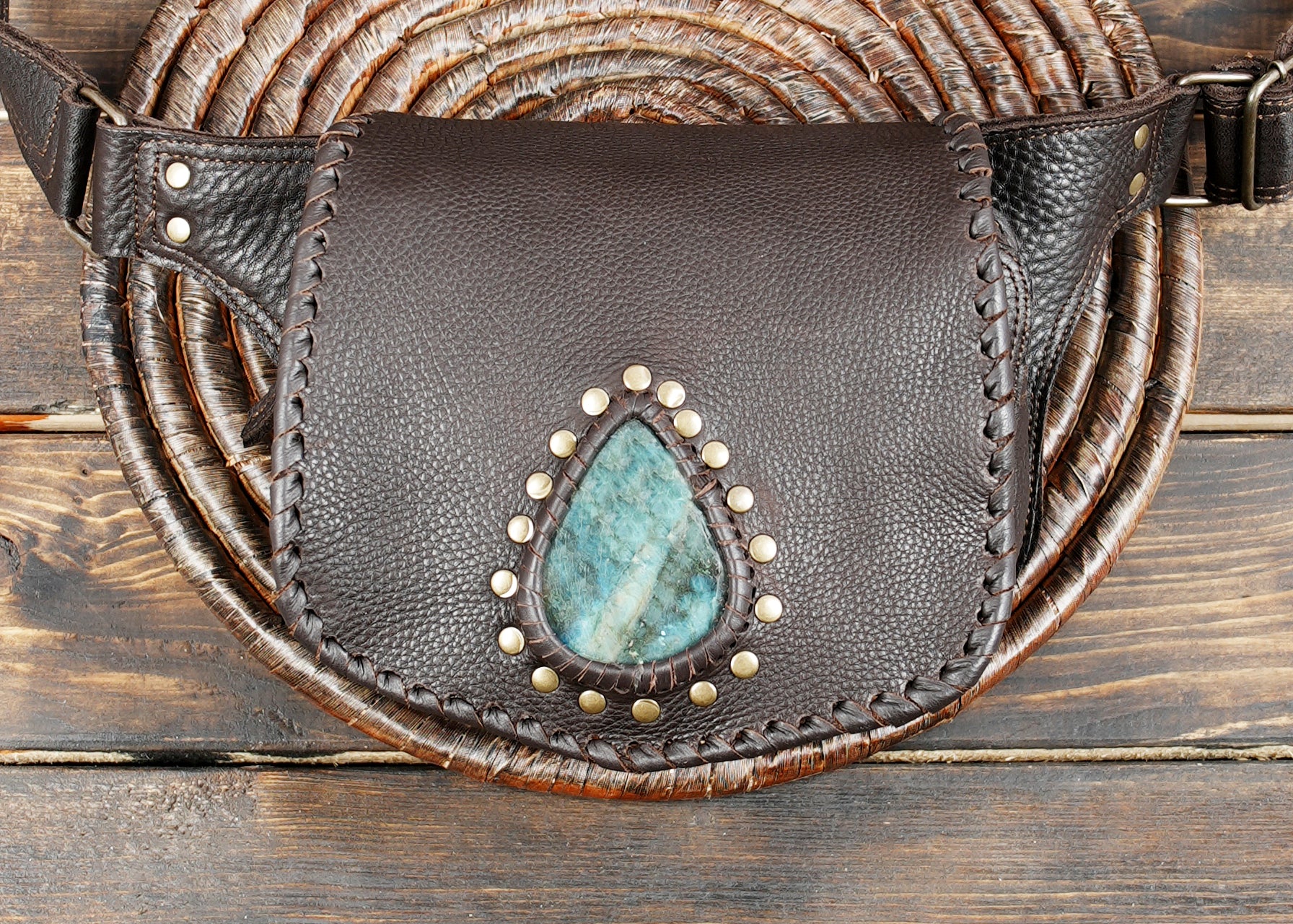 Handmade Leather Hip Belt Bag with Stone Detail
