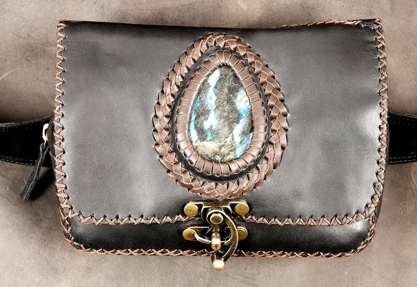 Adjustable leather waist pouch with gemstone detail