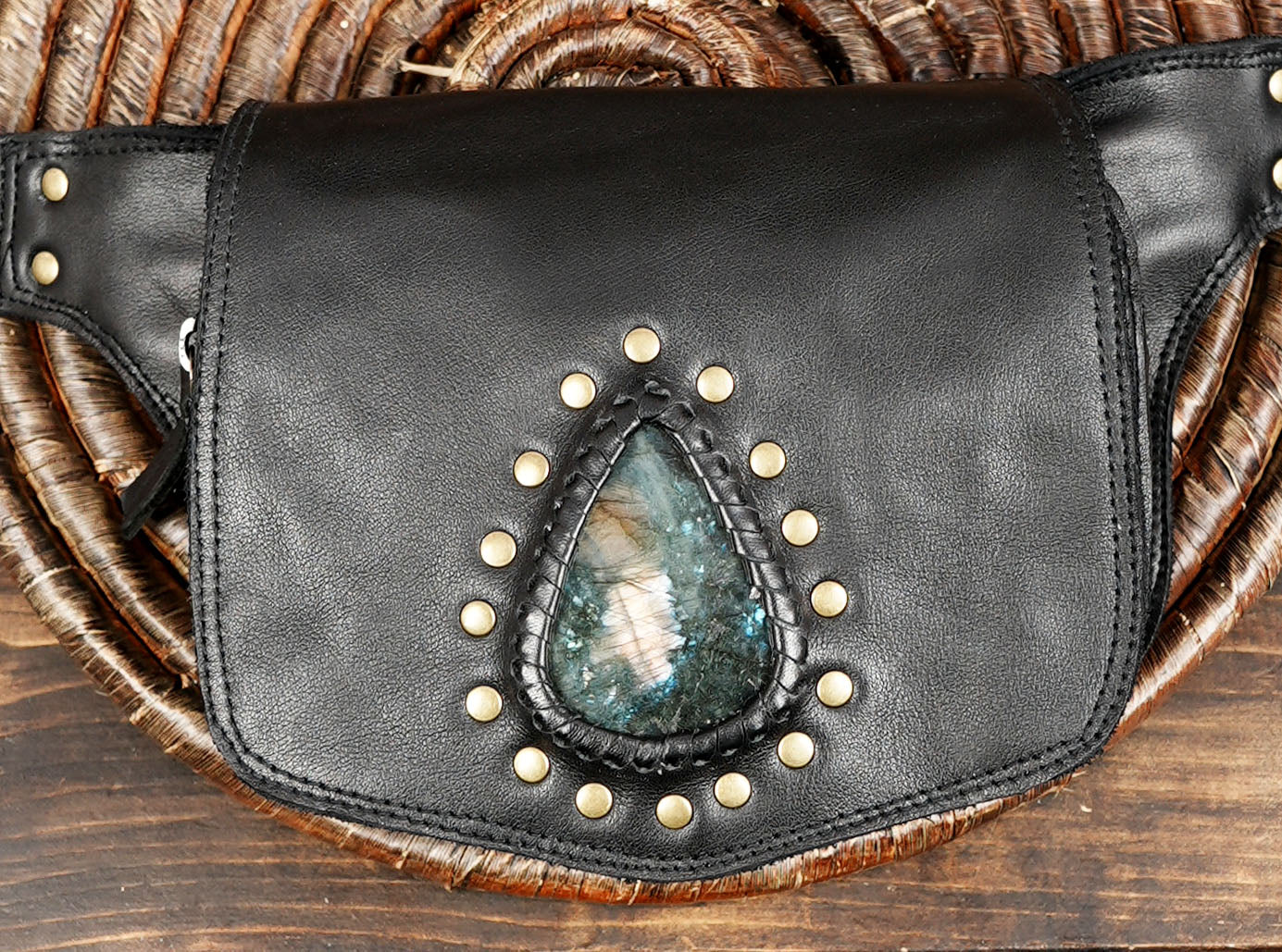Handmade Leather Utility Belt Bag with Labradorite Stone – Adjustable Pocket Belt with Double Pouches, Festival Hip Bag