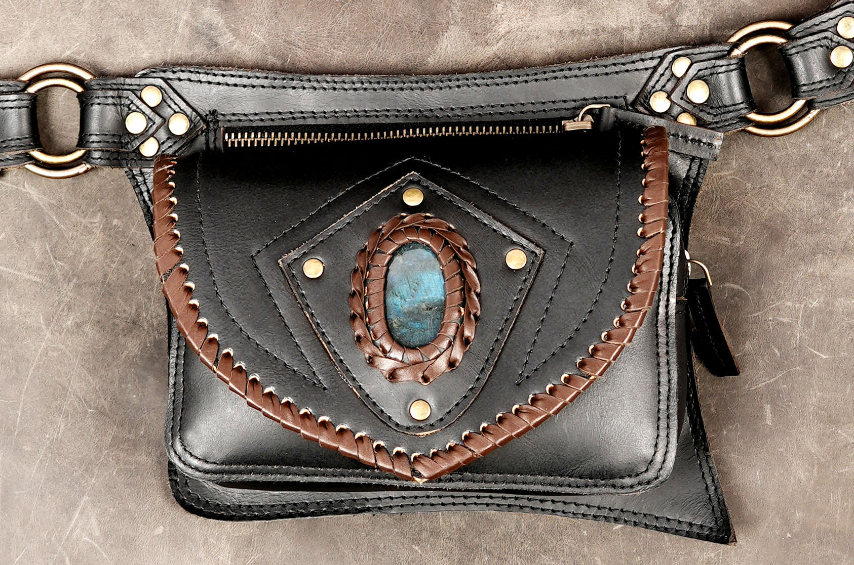 Boho leather belt bag with stone accents