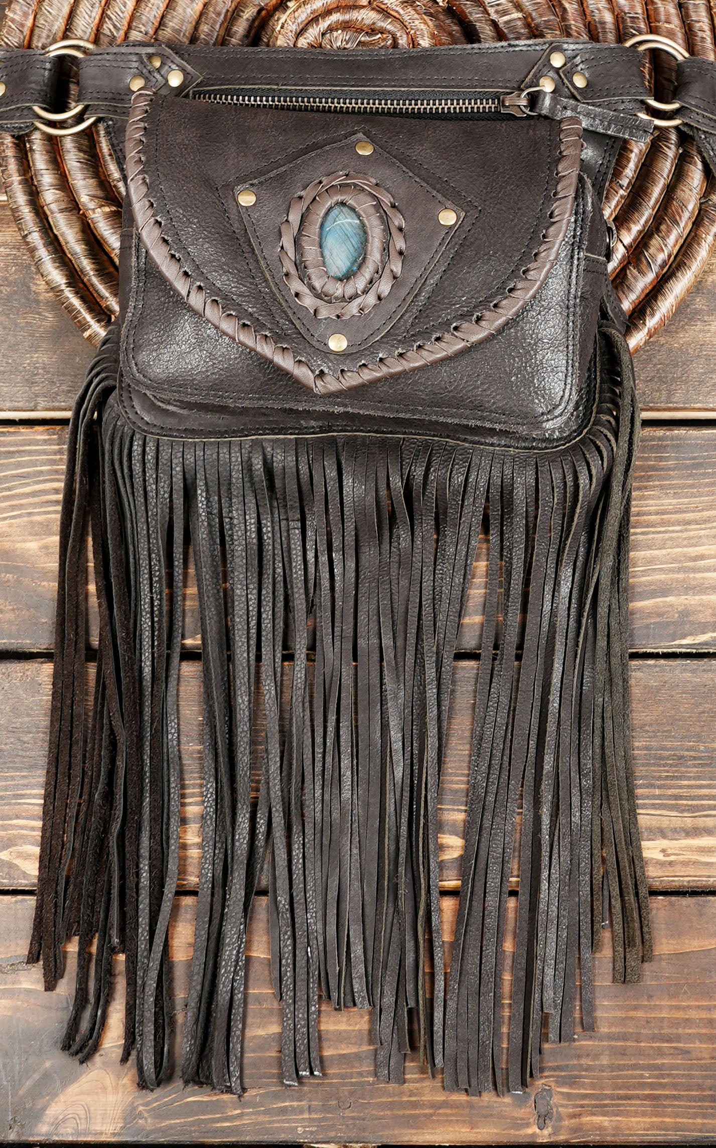 Handmade Leather Fringe Belt Bag, Black Western Waist Belt, Boho Hip Pouch, Stone Accent, Festival Wear