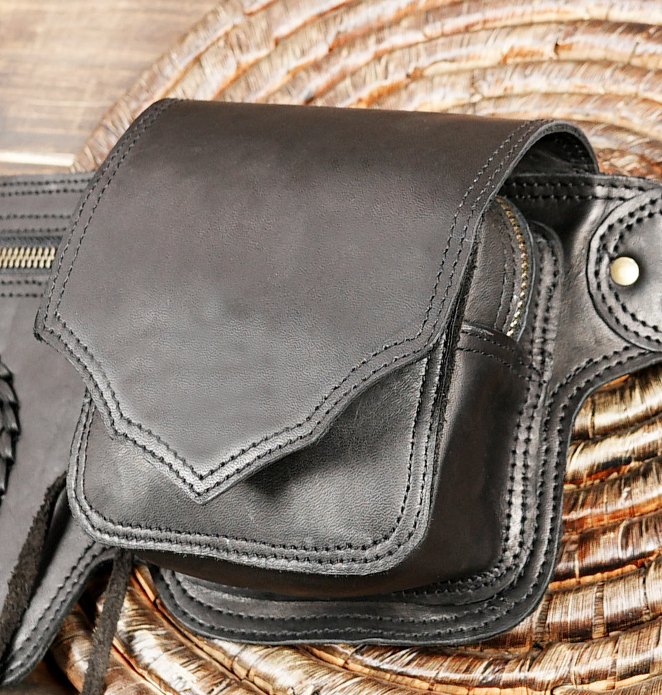 Black Leather Utility Hip Belt with Stone Accents and Brass Hardware