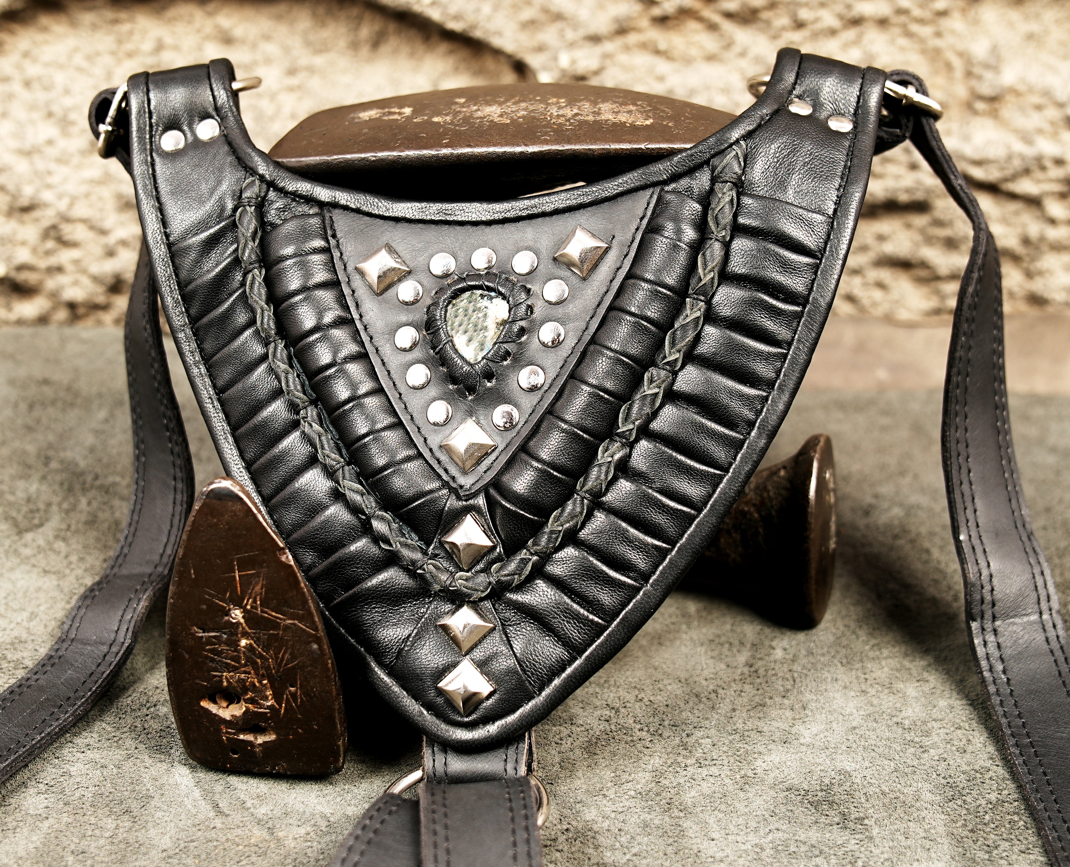 unisex leather shoulder holster utility bag with silver studs