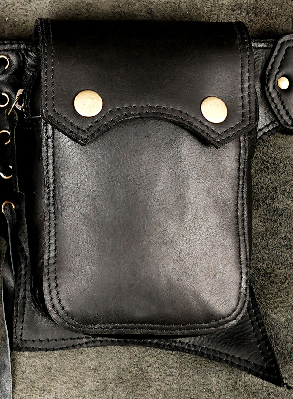 Steampunk leather waist belt with brass O-ring and zipper pouch