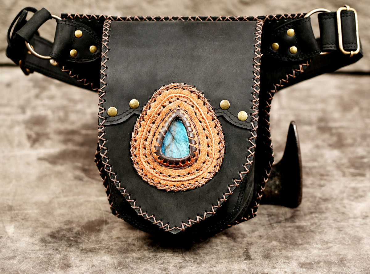 Genuine leather boho hip pouch with stone detail