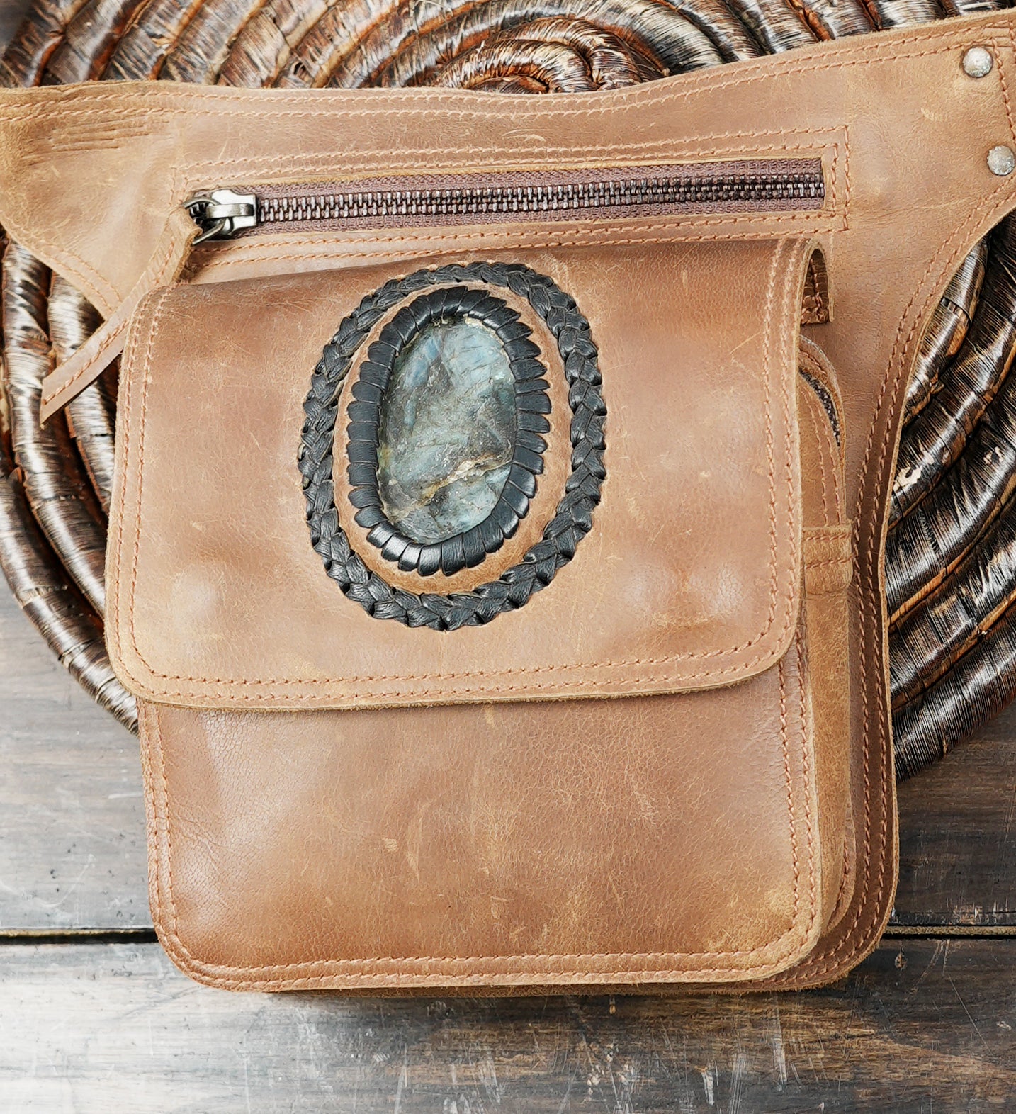 Handmade brown leather waist belt with gemstone