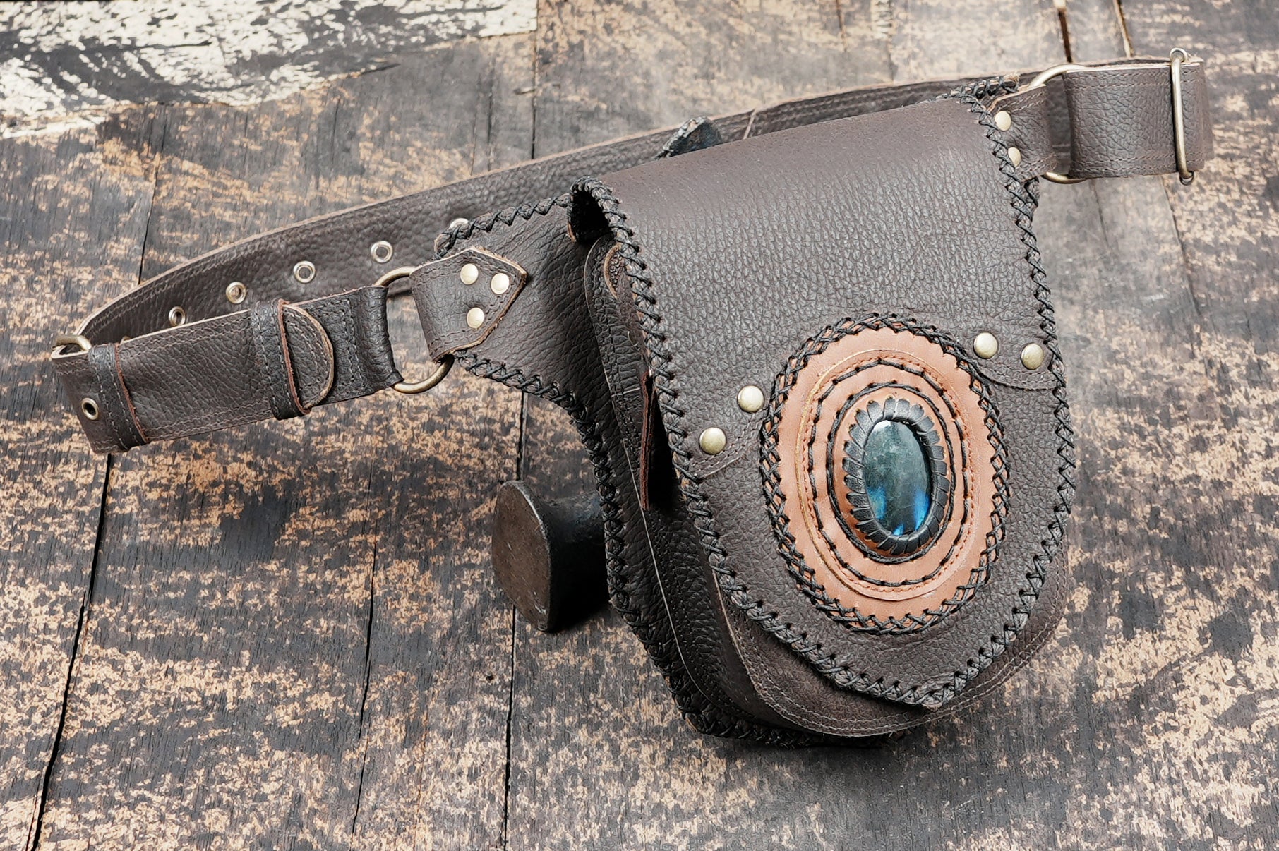 Handmade Leather Waist Belt with Front Pouch and Stone Detail || Leather Waist Belt Bag with Metal Hardware || Handmade Leather Waist Belt for Travel and Festivals (LT/AB/WB/6191)