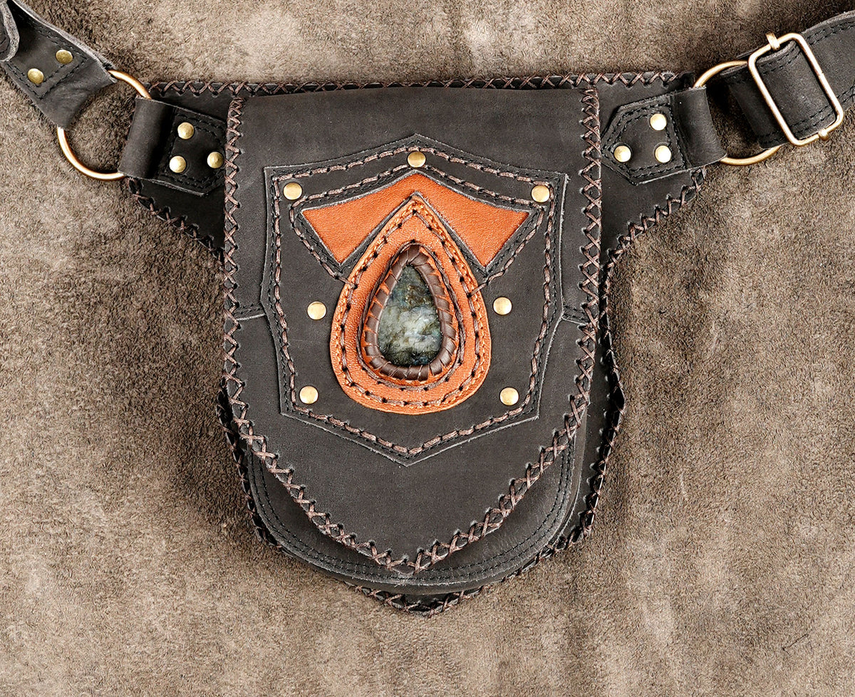 Boho chic leather bum bag with decorative stone embellishment   