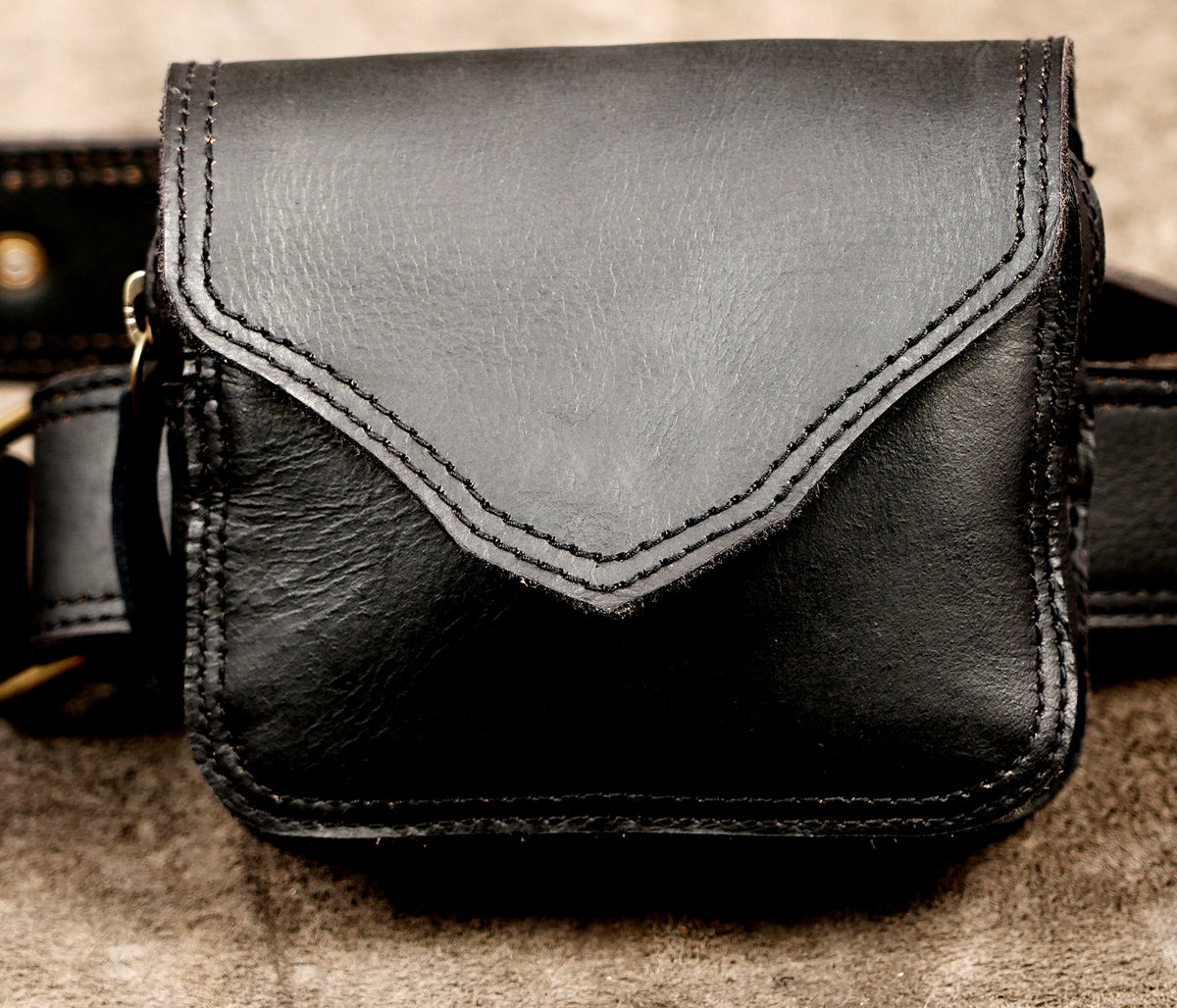 Multi-pocket black leather waist bag and belt combination