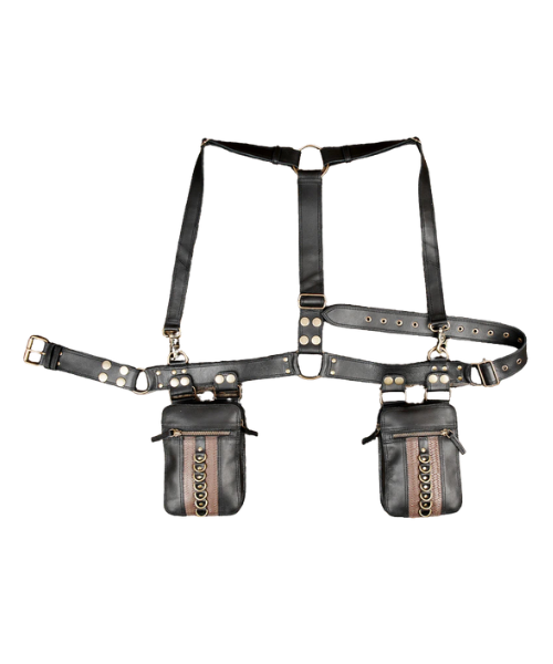 Steampunk Leather Utility Holster Bag | Dual Pocket Harness Belt | Adjustable Crossbody Festival & Travel Pouch for Men & Women