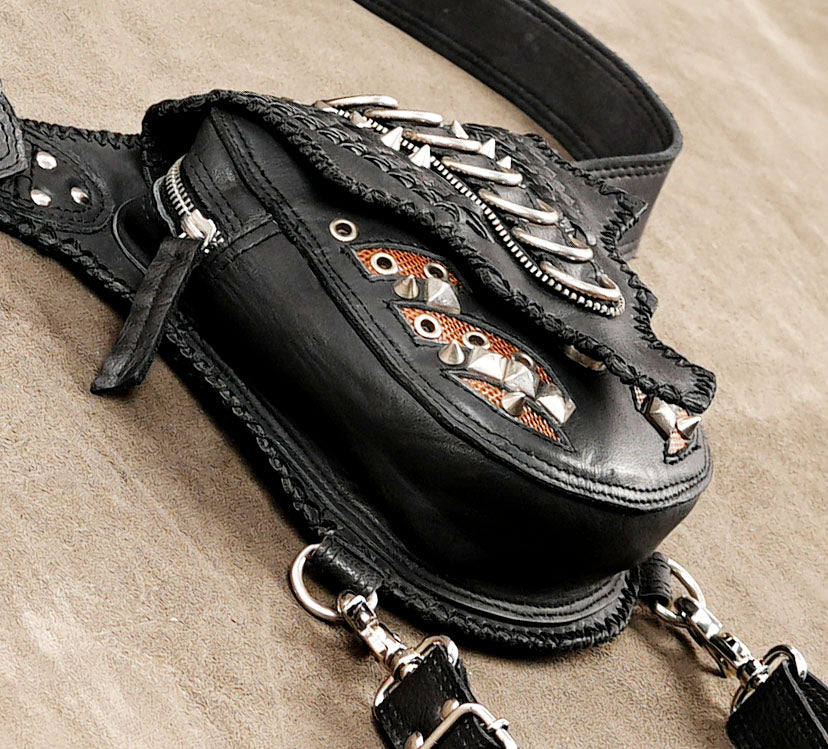 Studded black leather utility belt bag for men and women