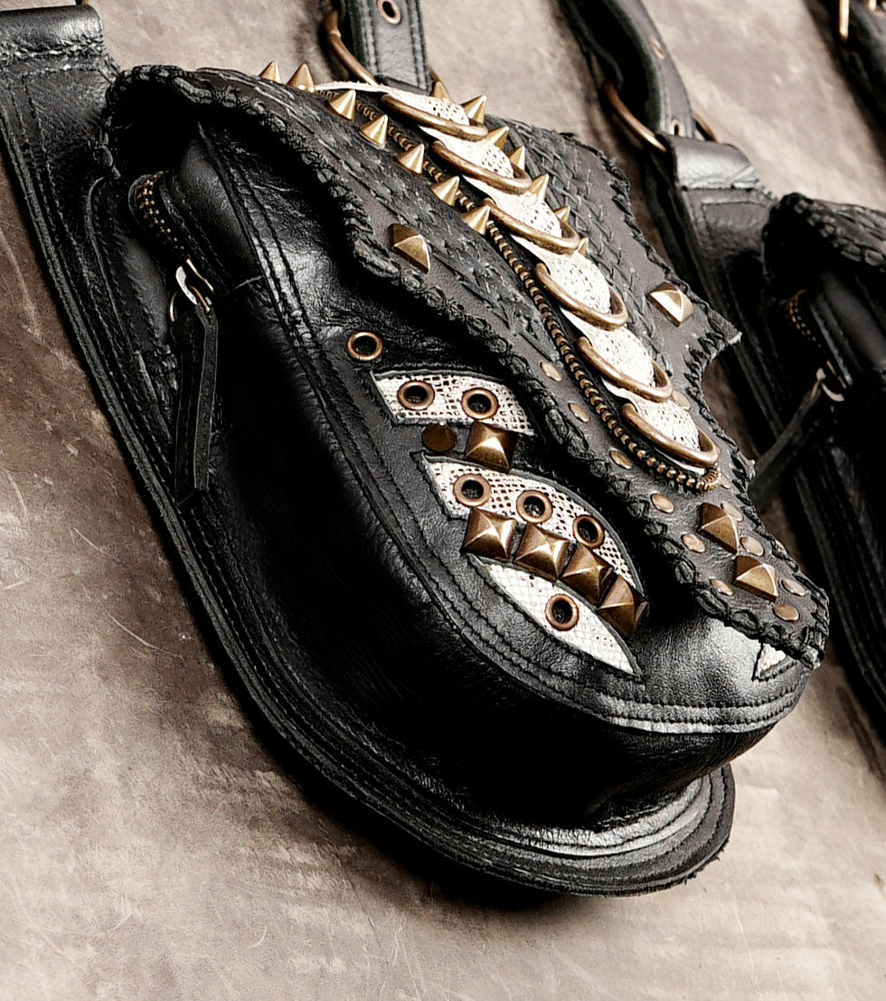 Studded black leather body harness with dual pouch compartments
