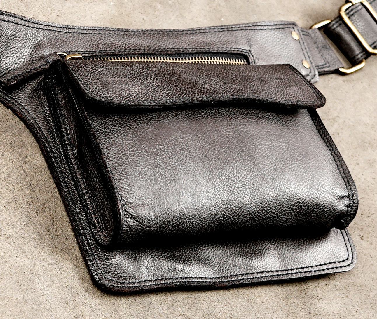 Handmade Black Leather Belt Bag for Travel and Festivals