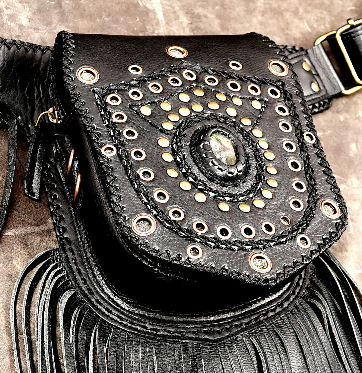 Black leather boho hip belt with long fringe