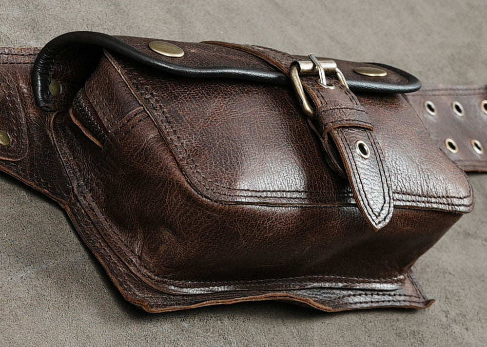 Genuine brown leather utility belt featuring antique brass buckles