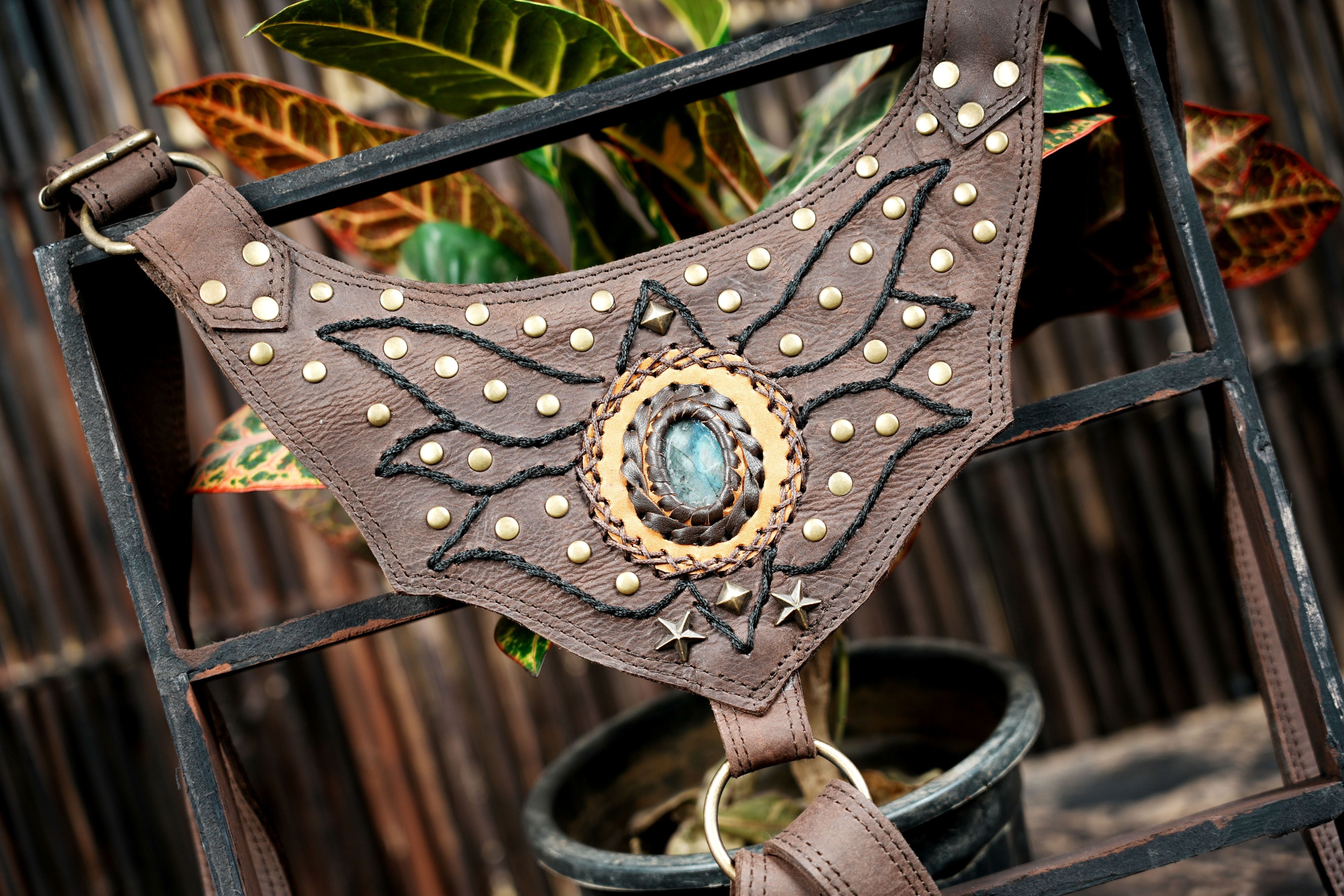 Handmade leather shoulder holster with dual pouches || Tribal leather chest rig with stud work || Travel leather utility shoulder rig (LT/AB/HLS/6060)