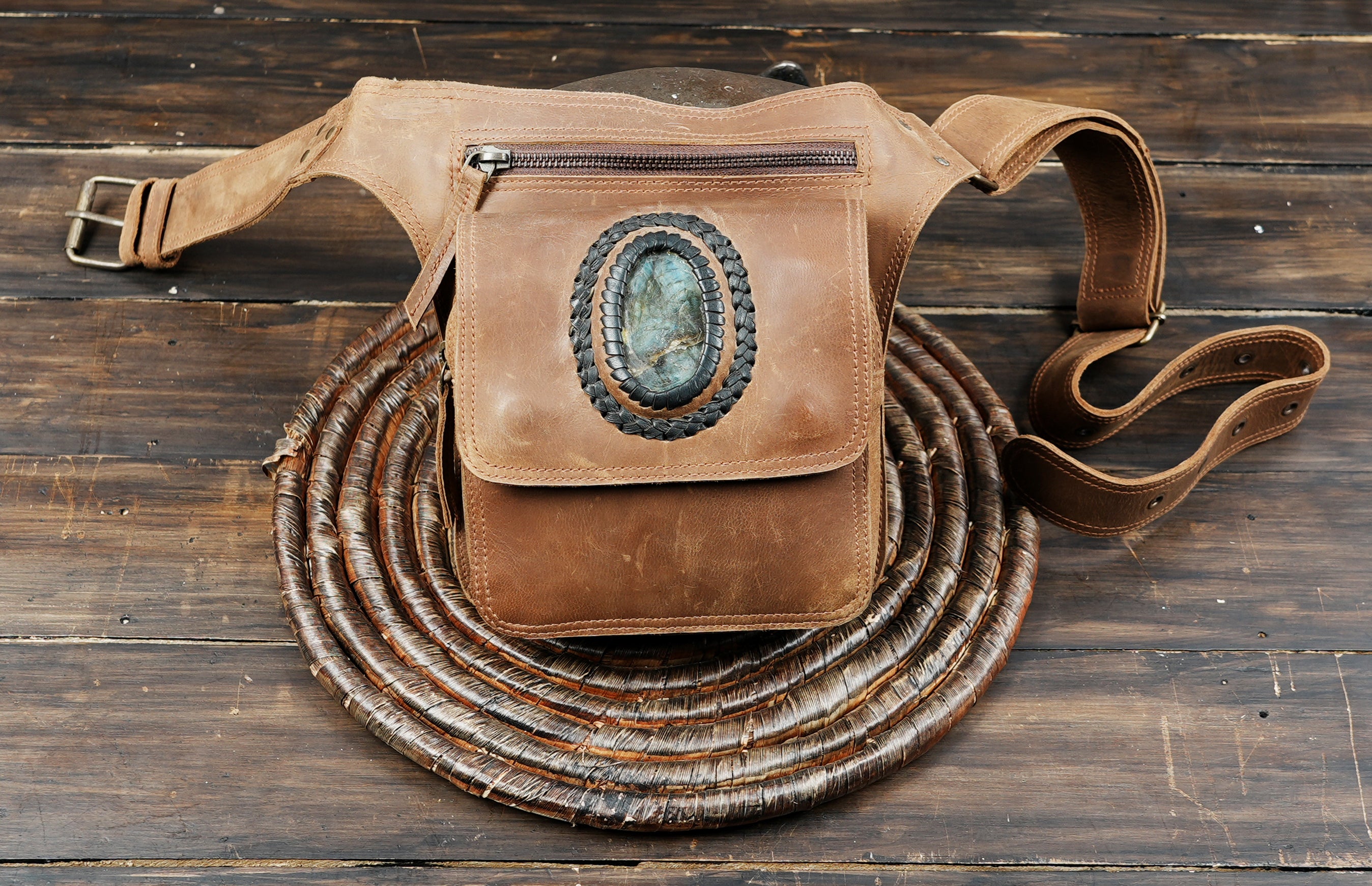 Handmade brown leather waist belt with gemstone