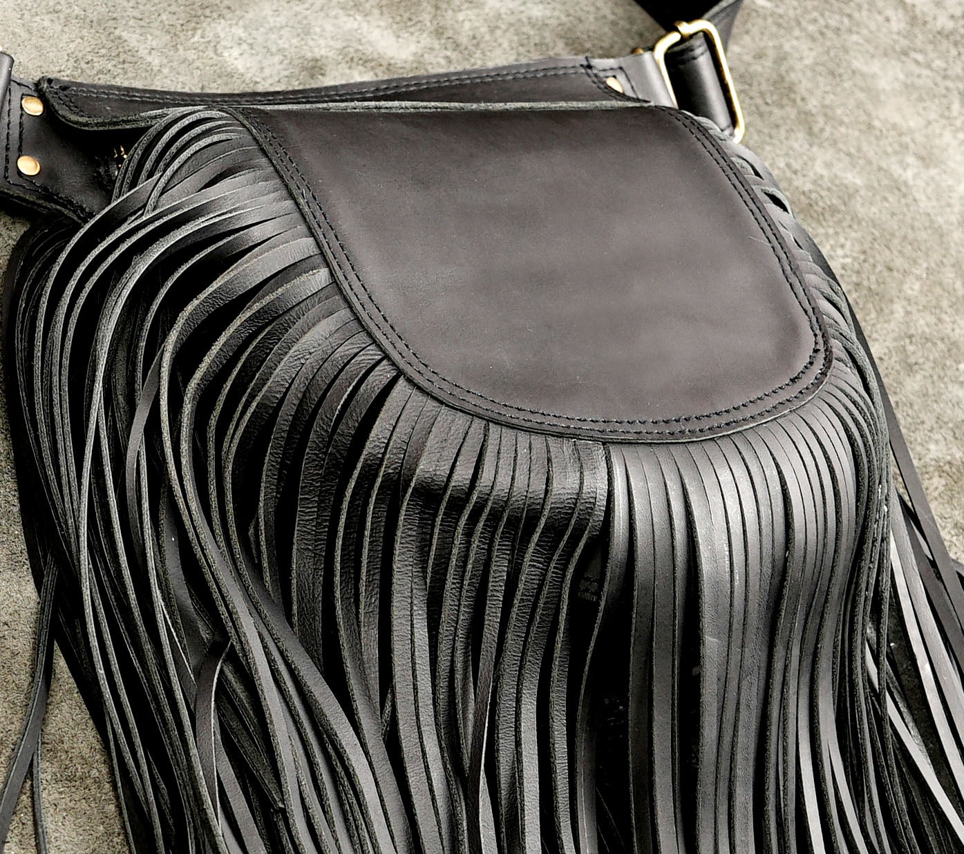 Black leather boho fringe waist bag