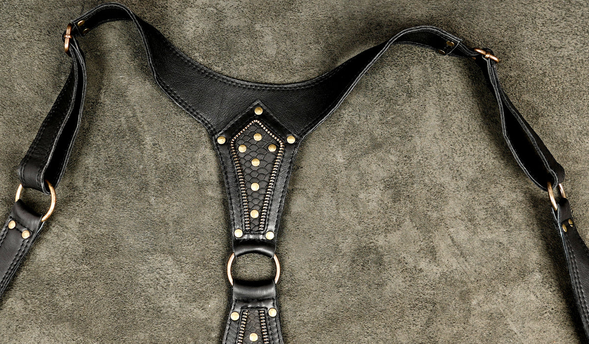Handmade black leather chest harness with zipper storage pockets