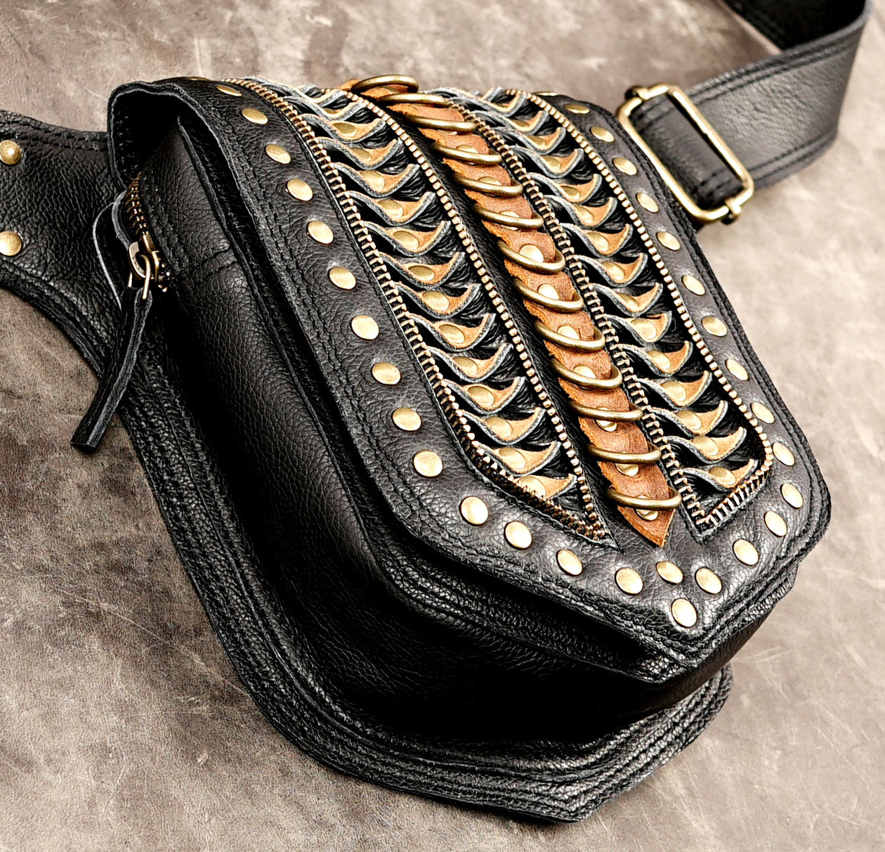 Steampunk black leather hip belt with brass accents