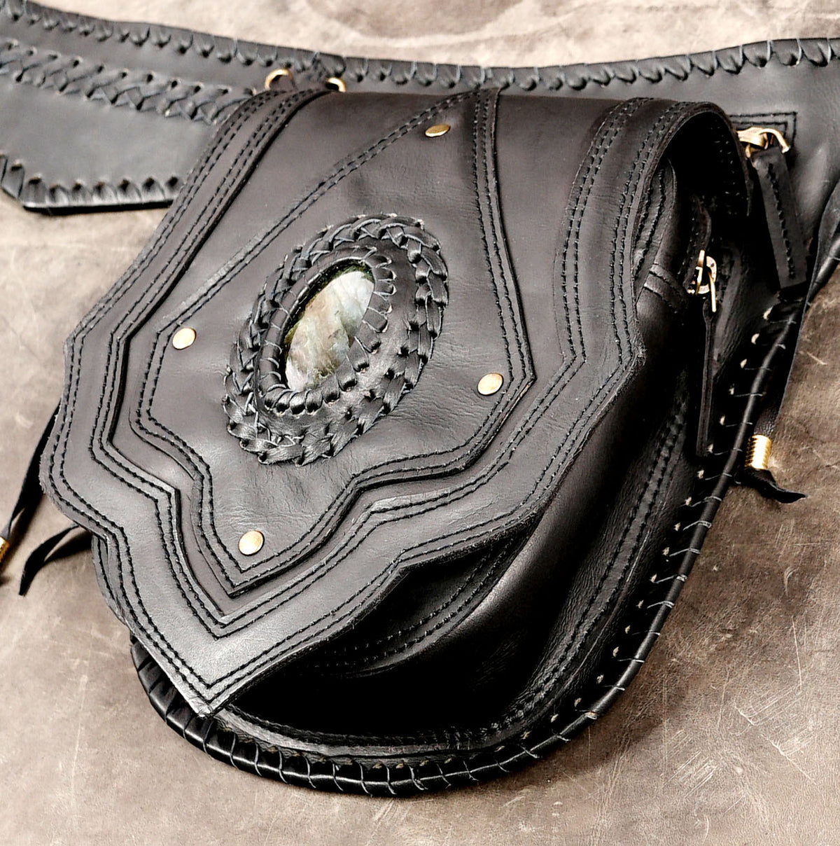 Rustic leather hip belt with antique brass hardware