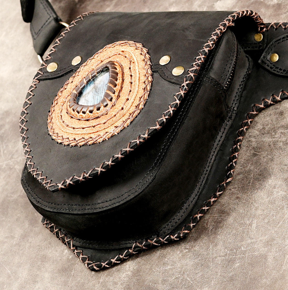 Black leather western waist belt with blue stone
