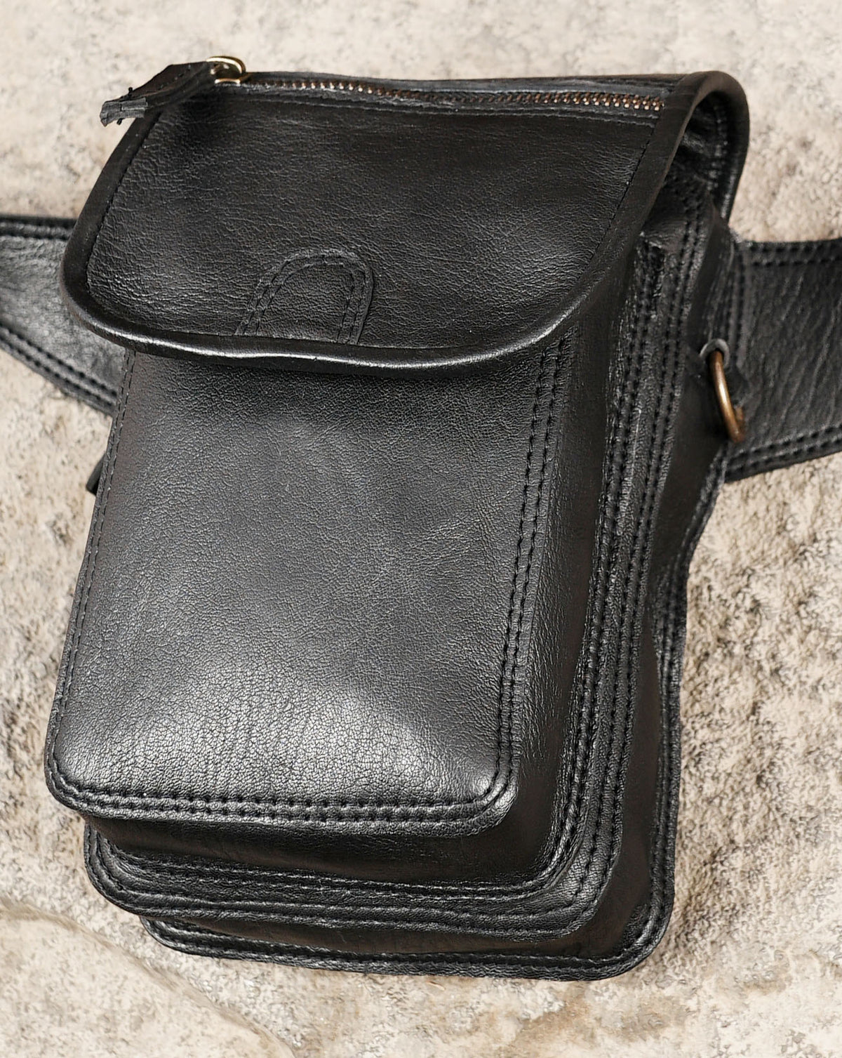 Black Leather Utility Belt Bag Crossbody Waist Pouch Festival Hip Pack Unisex