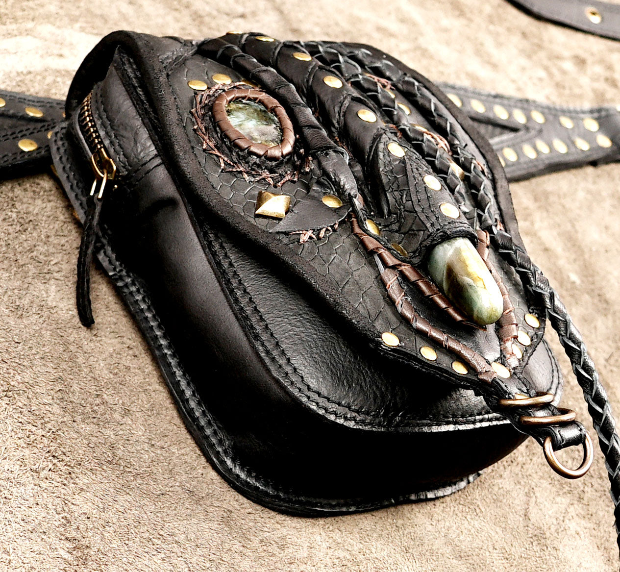 Handmade black leather waist belt bag with Labradorite stone and antique brass studs