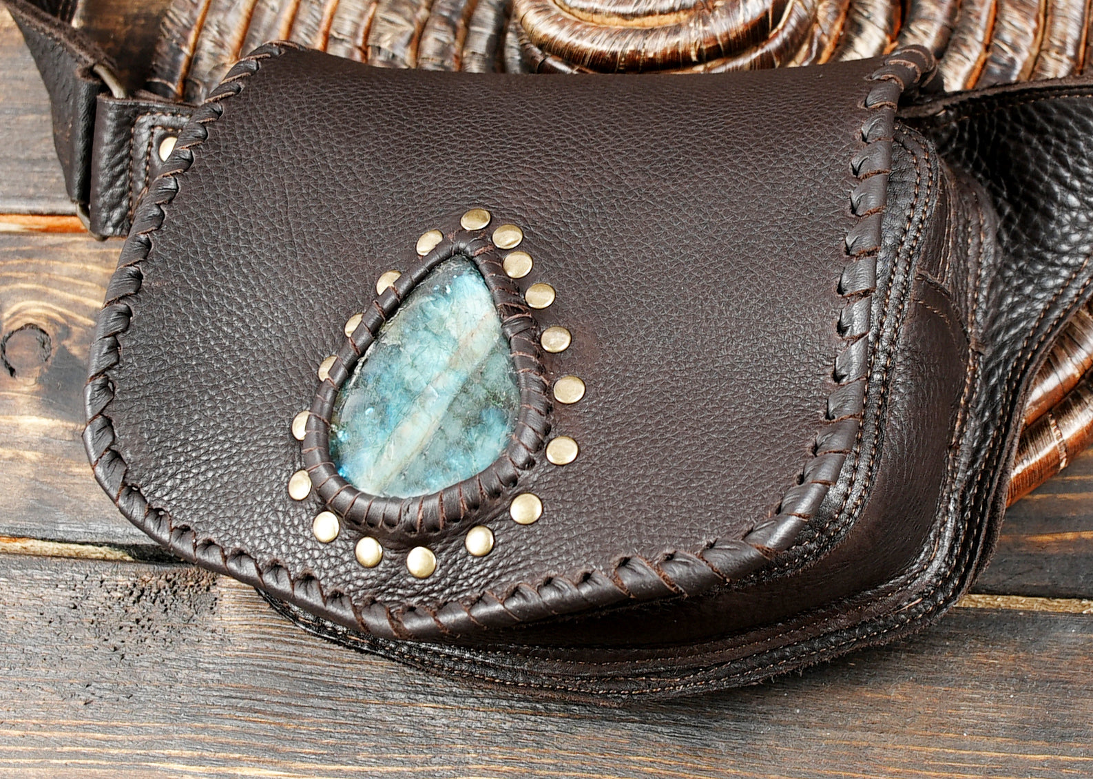 Handmade Leather Waist Bag Labradorite Stone Braided Belt Pouch Boho Festival Unisex