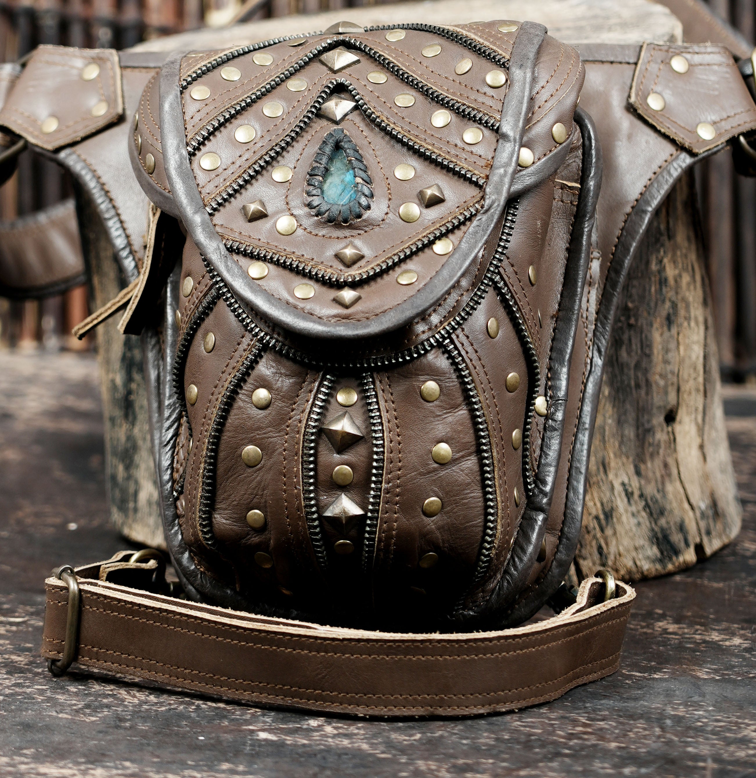 Handmade leather waist thigh belt with decorative studs