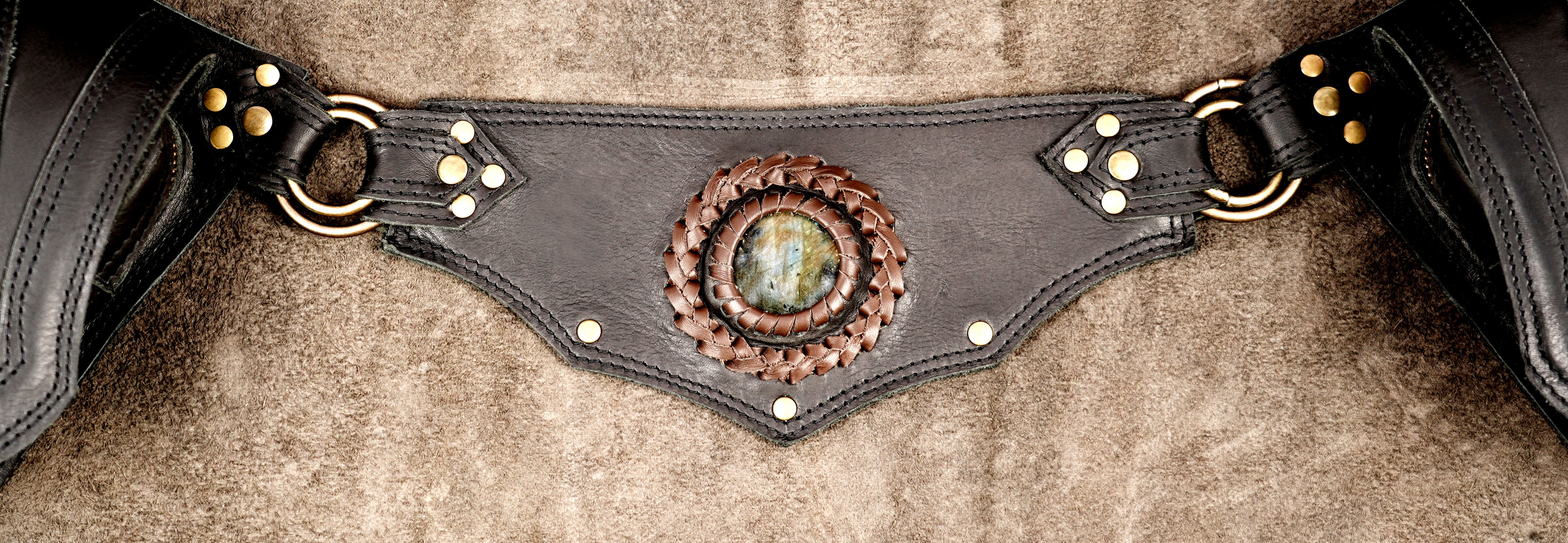 Black leather pocket belt with natural gemstones